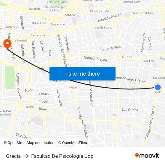 Grecia to Facultad De Psicología Udp map