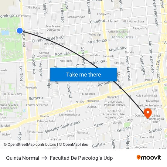 Quinta Normal to Facultad De Psicología Udp map