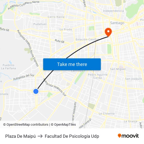 Plaza De Maipú to Facultad De Psicología Udp map