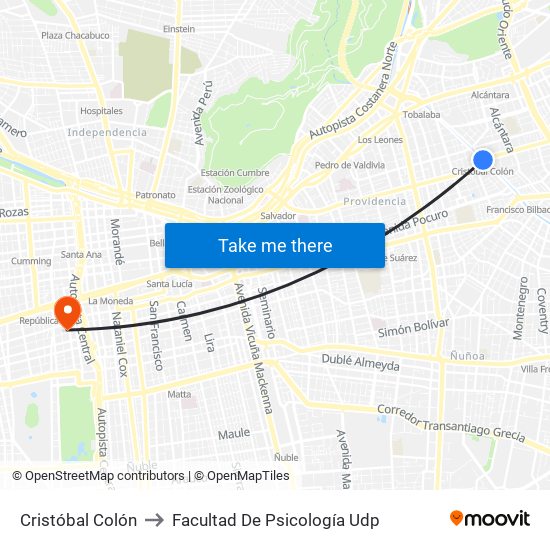 Cristóbal Colón to Facultad De Psicología Udp map