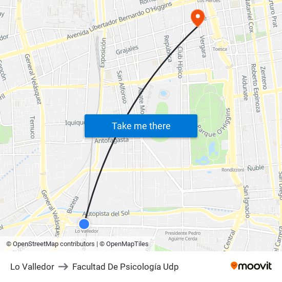 Lo Valledor to Facultad De Psicología Udp map