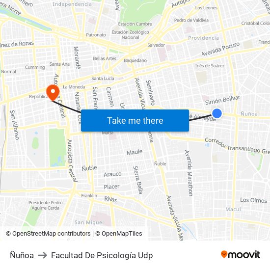 Ñuñoa to Facultad De Psicología Udp map