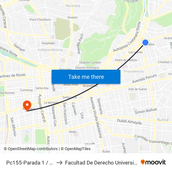 Pc155-Parada 1 / (M) Tobalaba to Facultad De Derecho Universidad Diego Portales map