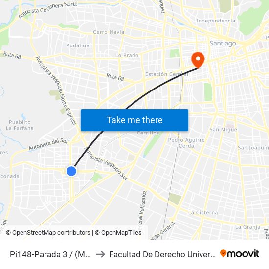 Pi148-Parada 3 / (M) Plaza De Maipú to Facultad De Derecho Universidad Diego Portales map