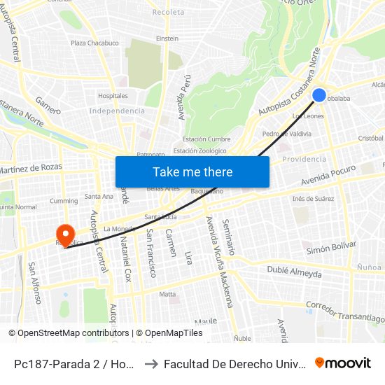 Pc187-Parada 2 / Hospital Metropolitano to Facultad De Derecho Universidad Diego Portales map