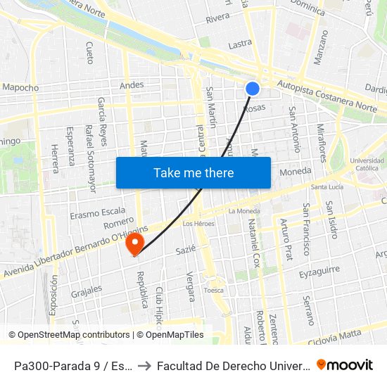 Pa300-Parada 9 / Estación Mapocho to Facultad De Derecho Universidad Diego Portales map