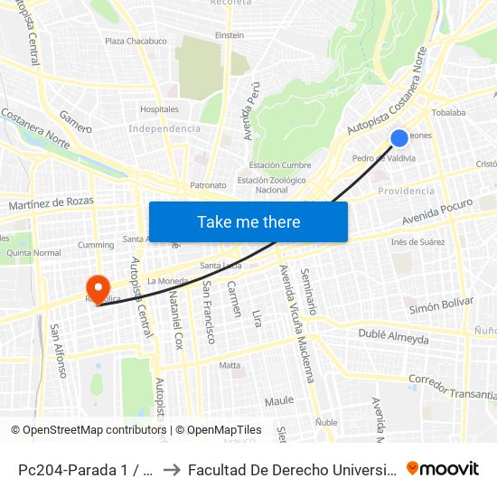 Pc204-Parada 1 / Guardia Vieja to Facultad De Derecho Universidad Diego Portales map