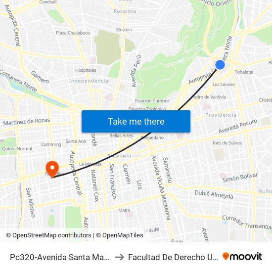 Pc320-Avenida Santa María / Esq. Puente Los Leones to Facultad De Derecho Universidad Diego Portales map