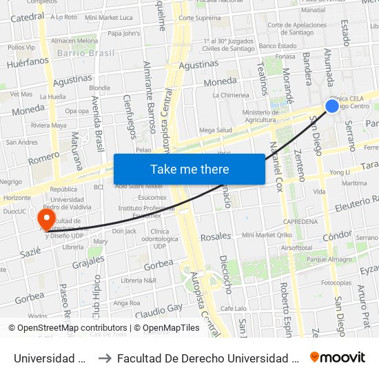 Universidad De Chile to Facultad De Derecho Universidad Diego Portales map