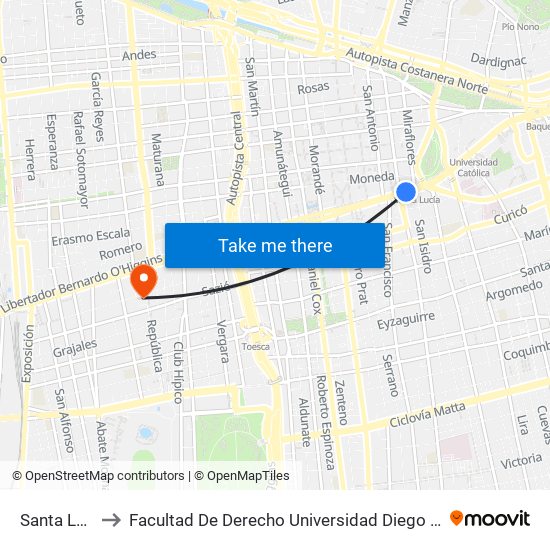 Santa Lucía to Facultad De Derecho Universidad Diego Portales map