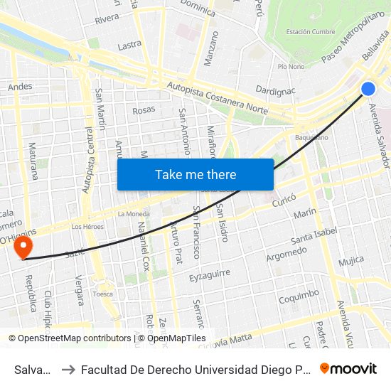Salvador to Facultad De Derecho Universidad Diego Portales map