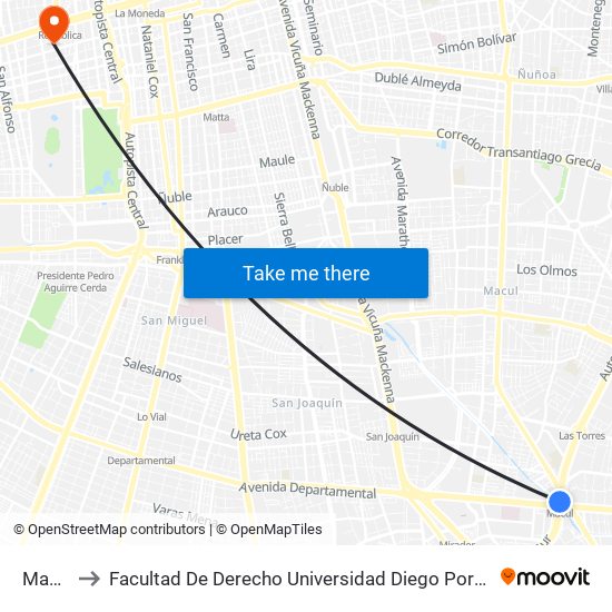 Macul to Facultad De Derecho Universidad Diego Portales map
