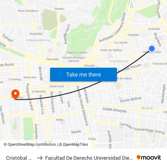 Cristóbal Colón to Facultad De Derecho Universidad Diego Portales map