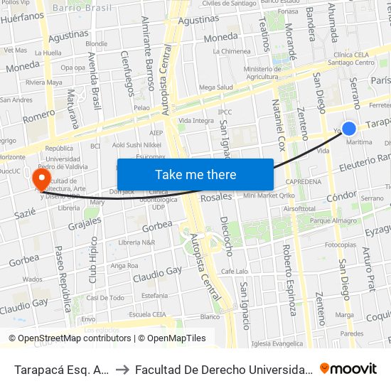 Tarapacá Esq. Arturo Prat to Facultad De Derecho Universidad Diego Portales map