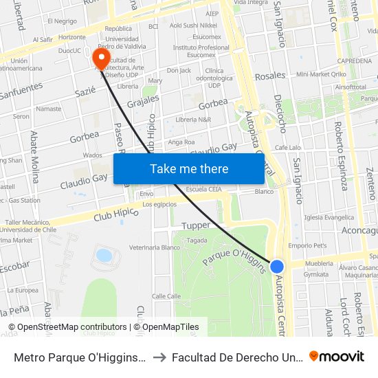 Metro Parque O'Higgins (Av. Tupper Esq. Av. Viel) to Facultad De Derecho Universidad Diego Portales map