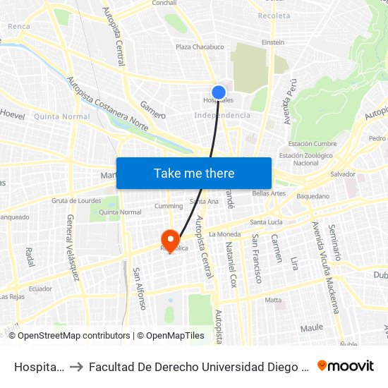 Hospitales to Facultad De Derecho Universidad Diego Portales map