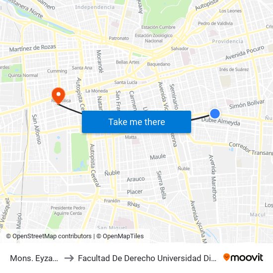 Mons. Eyzaguirre to Facultad De Derecho Universidad Diego Portales map