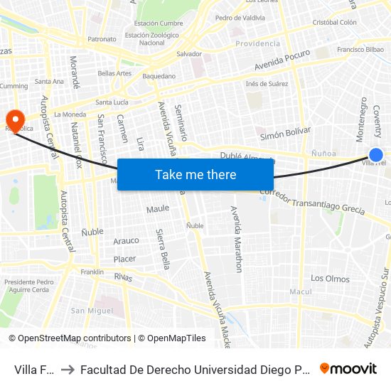 Villa Frei to Facultad De Derecho Universidad Diego Portales map