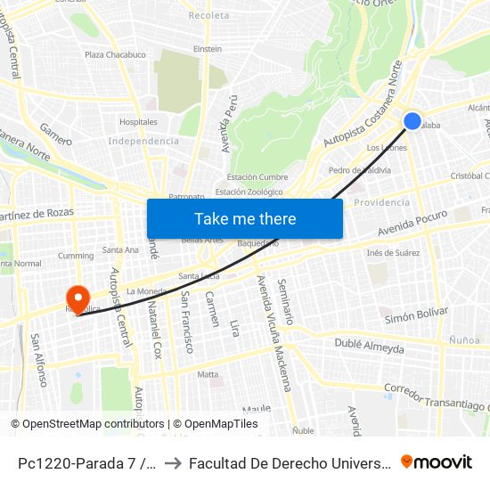 Pc1220-Parada 7 / (M) Tobalaba to Facultad De Derecho Universidad Diego Portales map