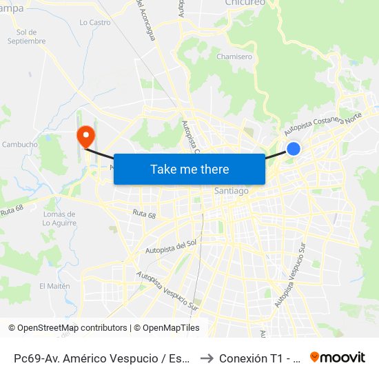 Pc69-Av. Américo Vespucio / Esq. Avenida Vitacura to Conexión T1 - Espigón C map