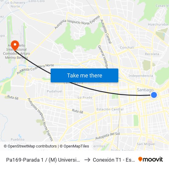 Pa169-Parada 1 / (M) Universidad Católica to Conexión T1 - Espigón C map