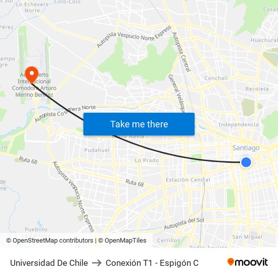 Universidad De Chile to Conexión T1 - Espigón C map