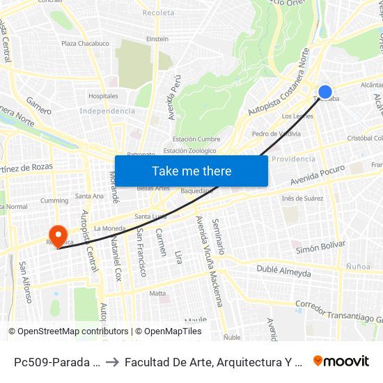 Pc509-Parada 5 / (M) Tobalaba to Facultad De Arte, Arquitectura Y Diseño Universidad Diego Portales map