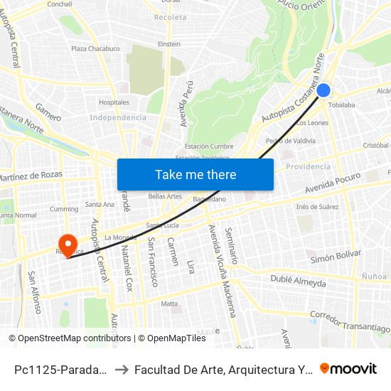 Pc1125-Parada / Costanera Center to Facultad De Arte, Arquitectura Y Diseño Universidad Diego Portales map