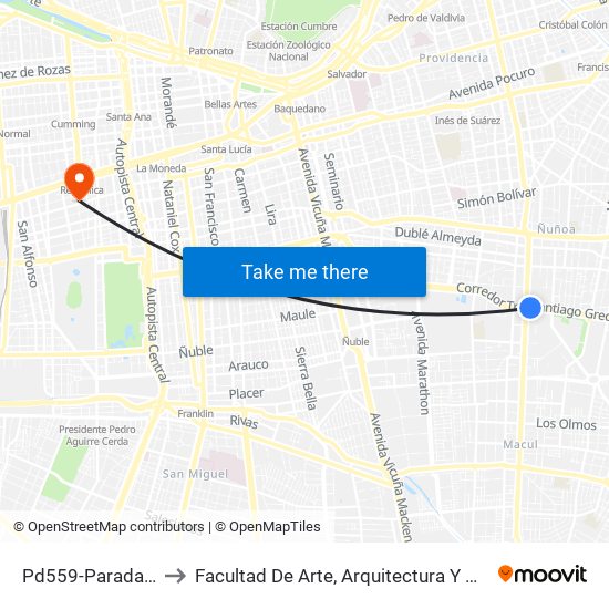 Pd559-Parada 2 / Pedagógico to Facultad De Arte, Arquitectura Y Diseño Universidad Diego Portales map