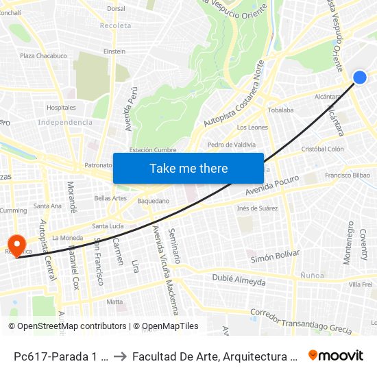 Pc617-Parada 1 / (M) Escuela Militar to Facultad De Arte, Arquitectura Y Diseño Universidad Diego Portales map