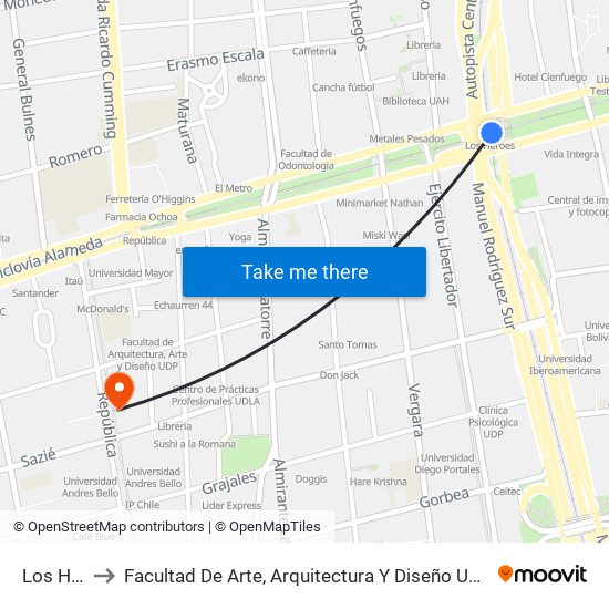 Los Héroes to Facultad De Arte, Arquitectura Y Diseño Universidad Diego Portales map