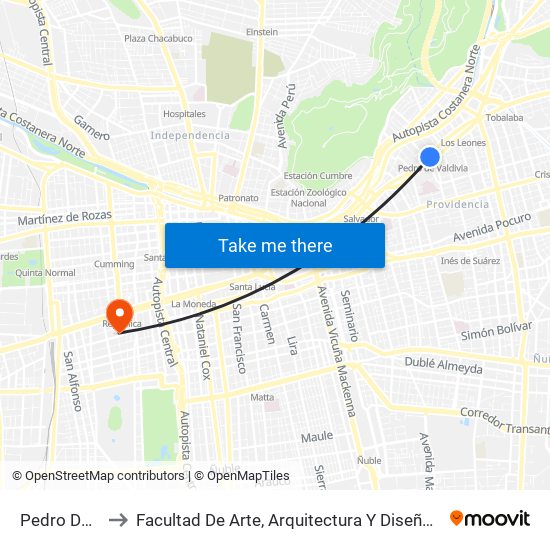 Pedro De Valdivia to Facultad De Arte, Arquitectura Y Diseño Universidad Diego Portales map