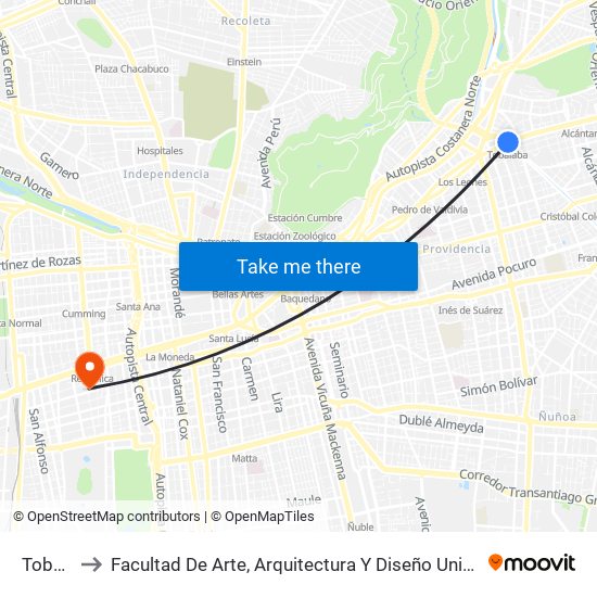 Tobalaba to Facultad De Arte, Arquitectura Y Diseño Universidad Diego Portales map