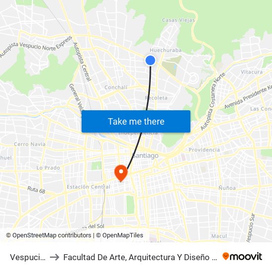 Vespucio Norte to Facultad De Arte, Arquitectura Y Diseño Universidad Diego Portales map