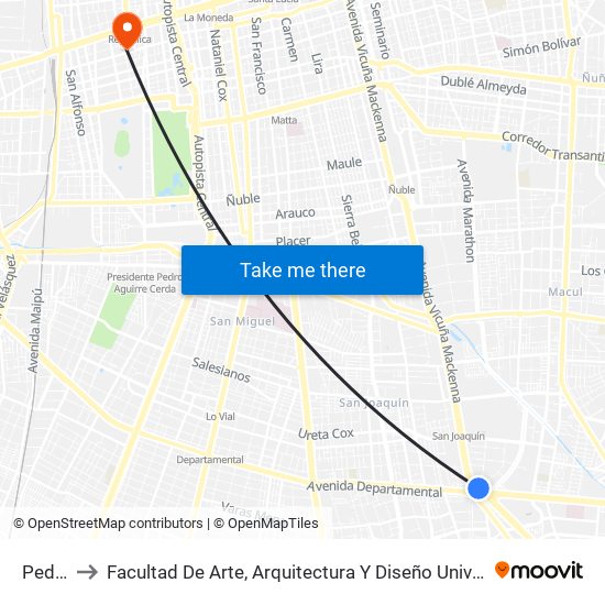 Pedrero to Facultad De Arte, Arquitectura Y Diseño Universidad Diego Portales map