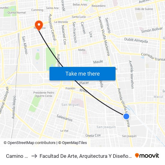 Camino Agrícola to Facultad De Arte, Arquitectura Y Diseño Universidad Diego Portales map