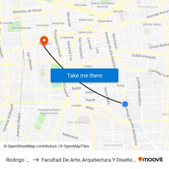 Rodrigo De Araya to Facultad De Arte, Arquitectura Y Diseño Universidad Diego Portales map