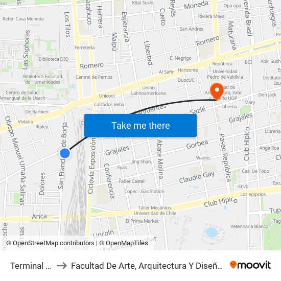 Terminal San Borja to Facultad De Arte, Arquitectura Y Diseño Universidad Diego Portales map