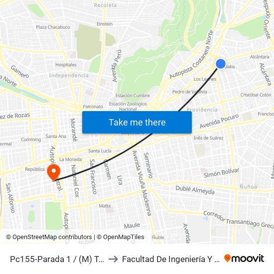 Pc155-Parada 1 / (M) Tobalaba to Facultad De Ingeniería Y Ciencias map