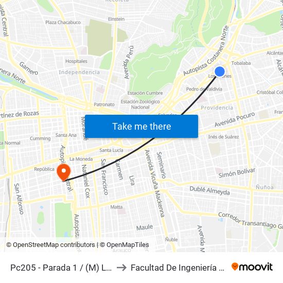 Pc205 - Parada 1 / (M) Los Leones to Facultad De Ingeniería Y Ciencias map