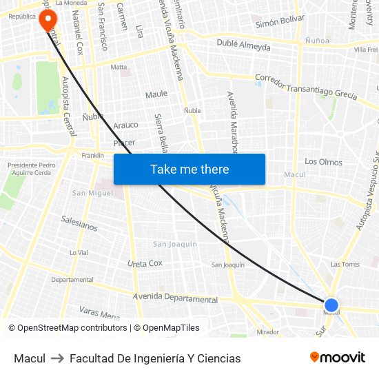 Macul to Facultad De Ingeniería Y Ciencias map