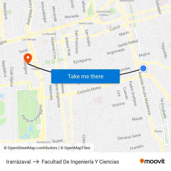 Irarrázaval to Facultad De Ingeniería Y Ciencias map