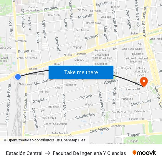 Estación Central to Facultad De Ingeniería Y Ciencias map