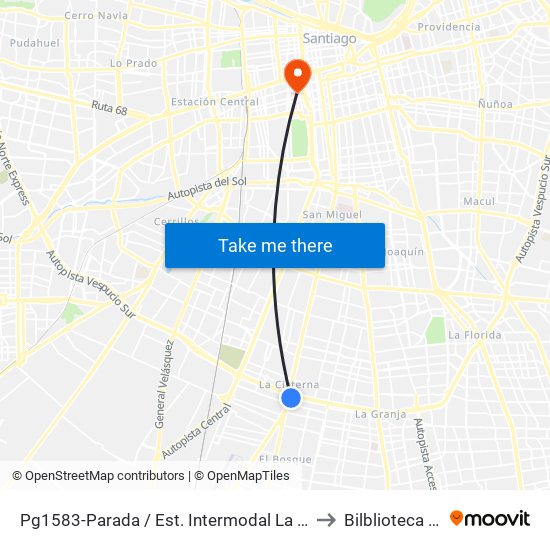 Pg1583-Parada / Est. Intermodal La Cisterna to Bilblioteca Udp map