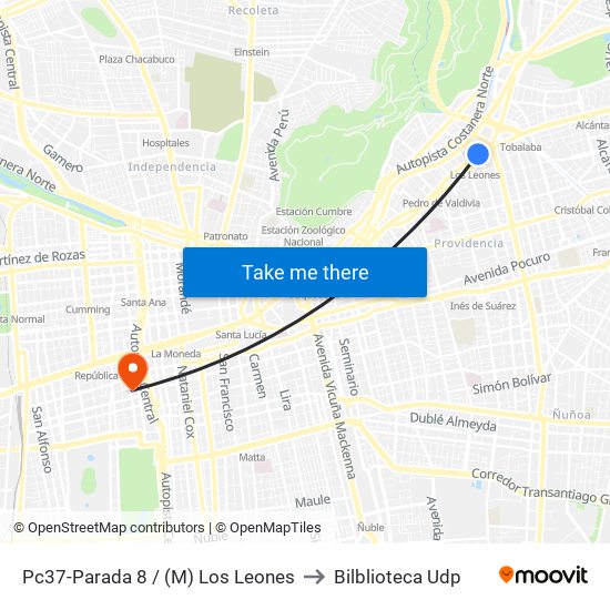 Pc37-Parada 8 / (M) Los Leones to Bilblioteca Udp map