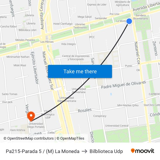 Pa215-Parada 5 / (M) La Moneda to Bilblioteca Udp map