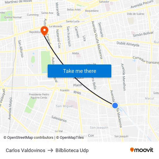 Carlos Valdovinos to Bilblioteca Udp map