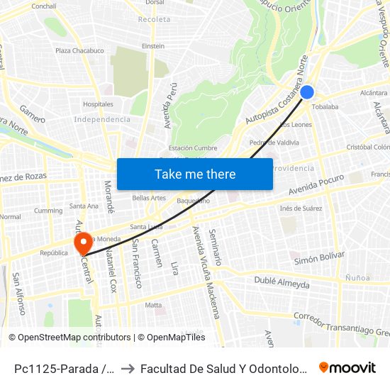 Pc1125-Parada / Costanera Center to Facultad De Salud Y  Odontología Universidad Diego Portales map