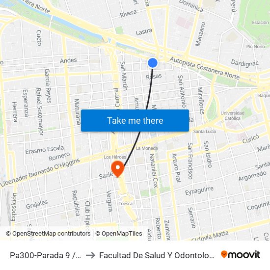 Pa300-Parada 9 / Estación Mapocho to Facultad De Salud Y  Odontología Universidad Diego Portales map