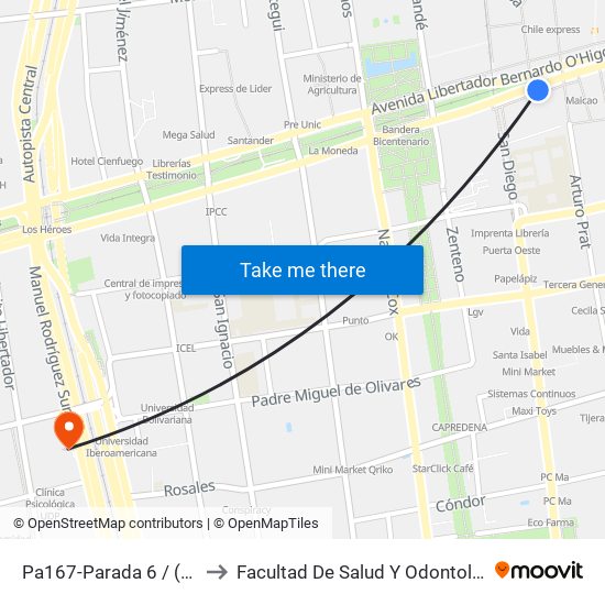 Pa167-Parada 6 / (M) Universidad De Chile to Facultad De Salud Y  Odontología Universidad Diego Portales map